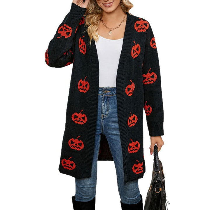 Damen Halloween Cardigan mit Kürbismuster, lang & lässig, ideal für festliche Herbstmode.
