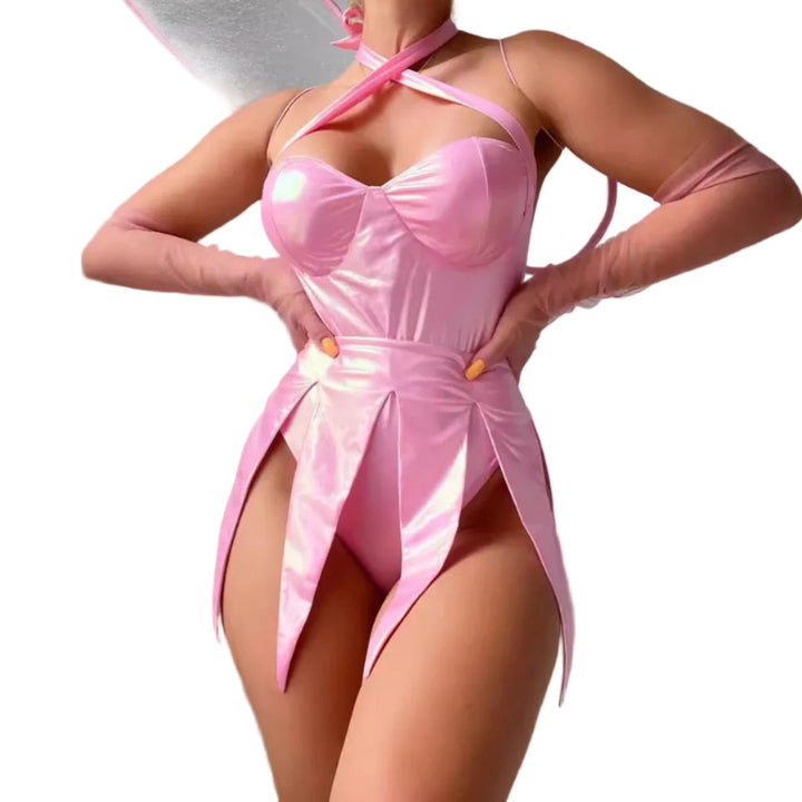 Damen Feenkostüm mit schimmerndem Glitzerkleid und zarten Flügeln, ideal für märchenhafte Auftritte.