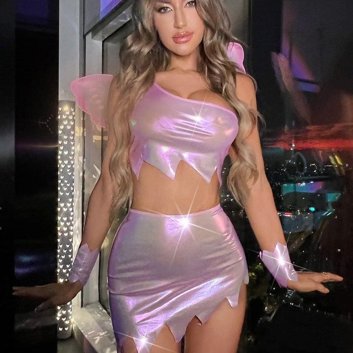 Magisches Damen Feenkostüm: Glitzerkleid, transparente Flügel & fantasievolles Design für die Party.