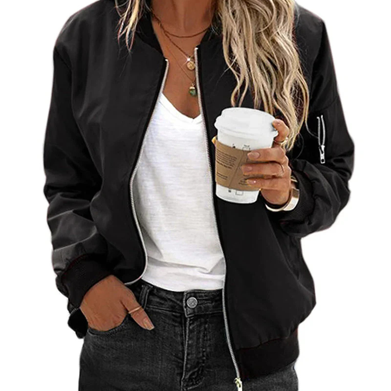 Damen Langarm Bomberjacke, figurbetont, mit elegantem Reißverschluss, perfekt für stilvolle Casual-Looks.