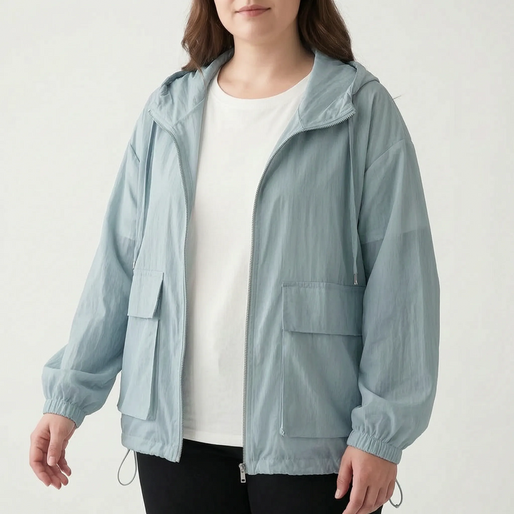 Moderne, leichte Damen Kapuzenjacke als Windbreaker für Sport, Jogging & Freizeit. Atmungsaktive Sportbekleidung.