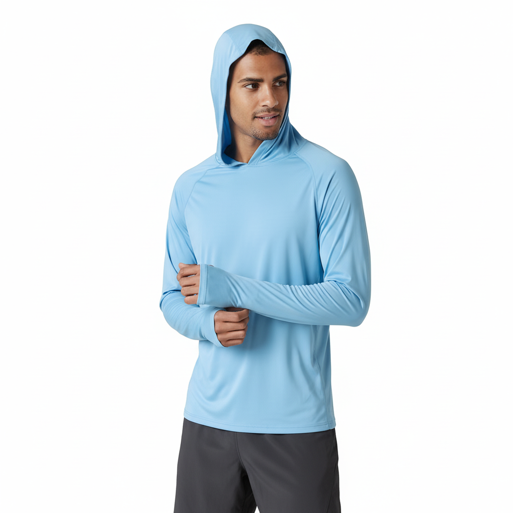 Rückenansicht des atmungsaktiven Herren UV Schutz Hoodies für optimalen Sonnenschutz bei Outdoor-Aktivitäten.