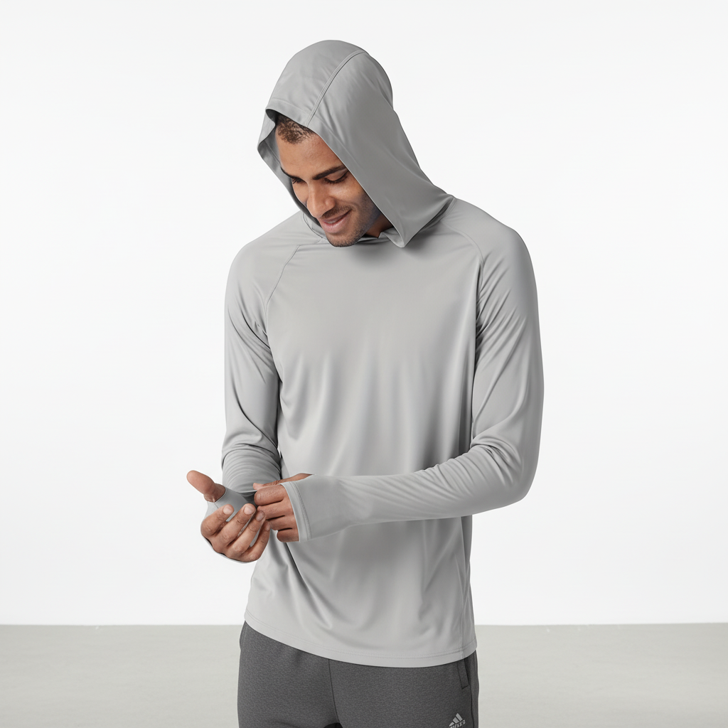 Mann wandert im Herren UV Schutz Hoodie SunveilPro, schützt vor Sonne, atmungsaktiv für Outdoor-Abenteuer.