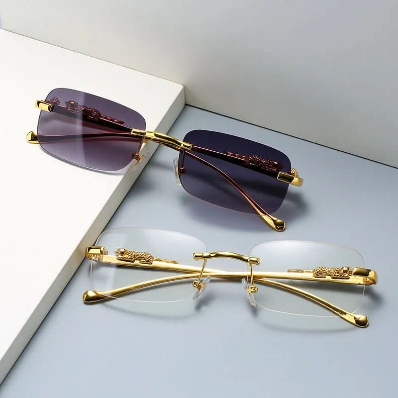 Modische randlose Rechteck-Sonnenbrille für Damen & Herren, Leoparden-Design, UV400 Schutz.