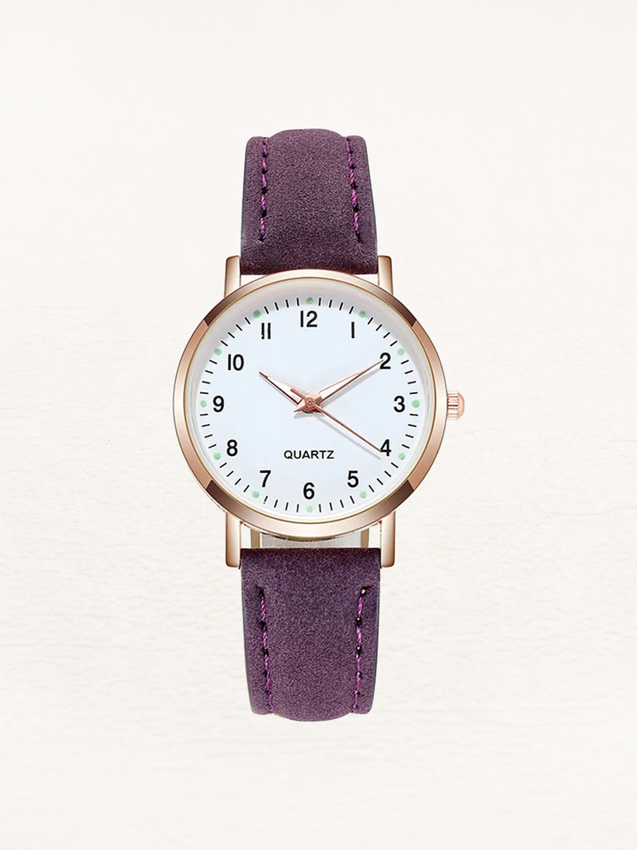Roségold Damenuhr mit hellbraunem Lederarmband, minimalistisch und edel. Eine klassische Modeuhr.
