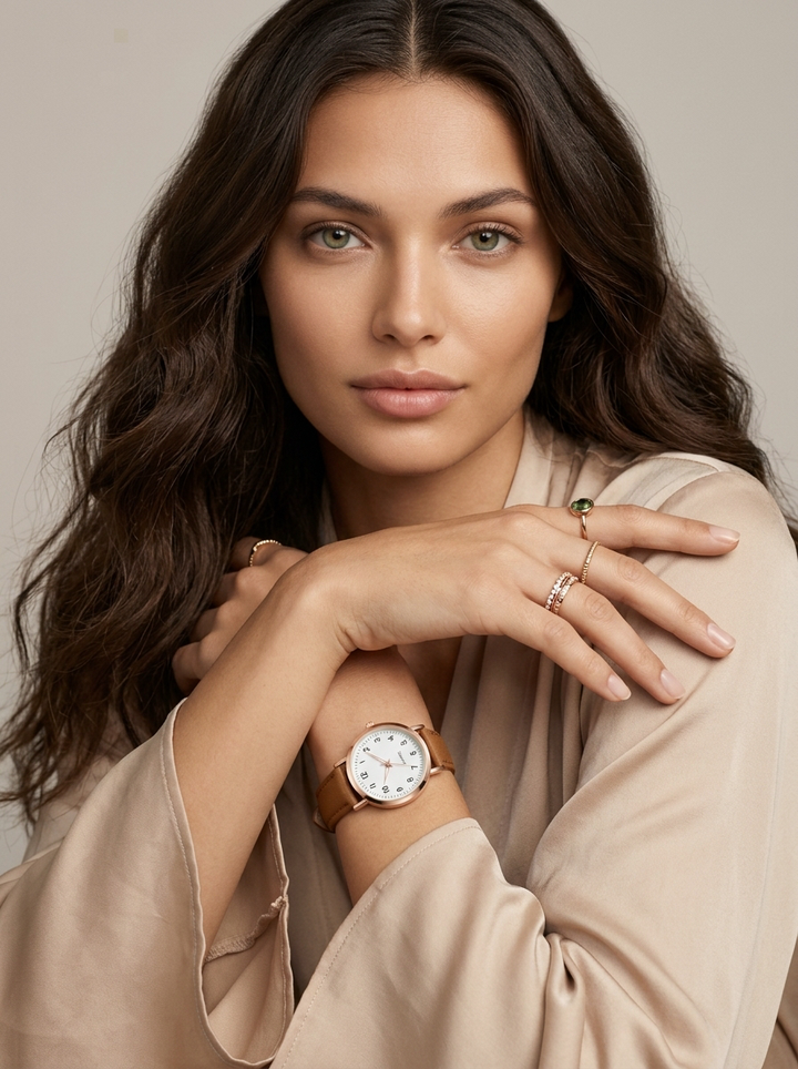 Zeitlose, minimalistische Damenuhr in Roségold mit elegantem Lederarmband. Perfektes Mode-Accessoire.