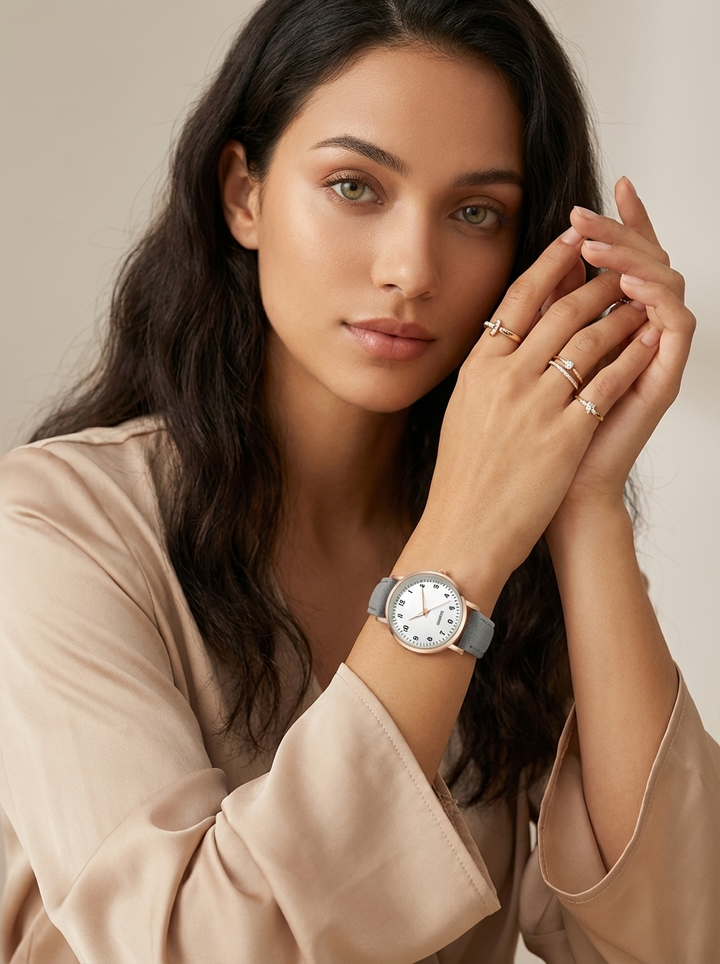 Roségoldene Damenuhr mit klassischem braunen Lederarmband; modernes, minimalistisches Design für jede Gelegenheit.