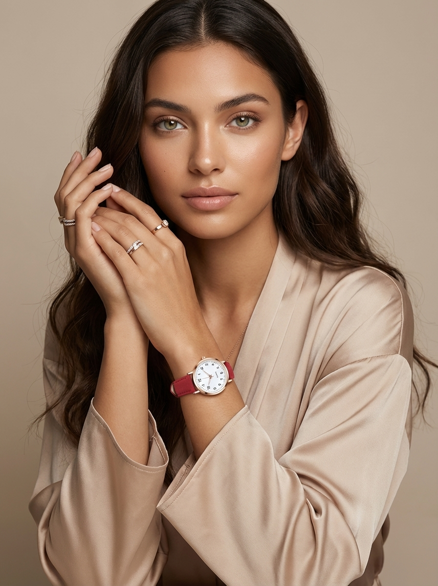 Elegante Roségold Damenuhr mit schwarzem Lederarmband, minimalistisches Zifferblatt. Vielseitige Alltagsuhr.