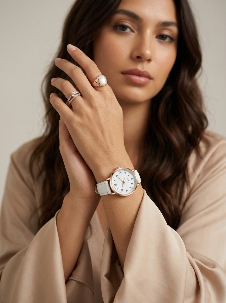 Klassische Roségold Armbanduhr für Damen mit hochwertigem Echtlederarmband. Präzise & elegant.