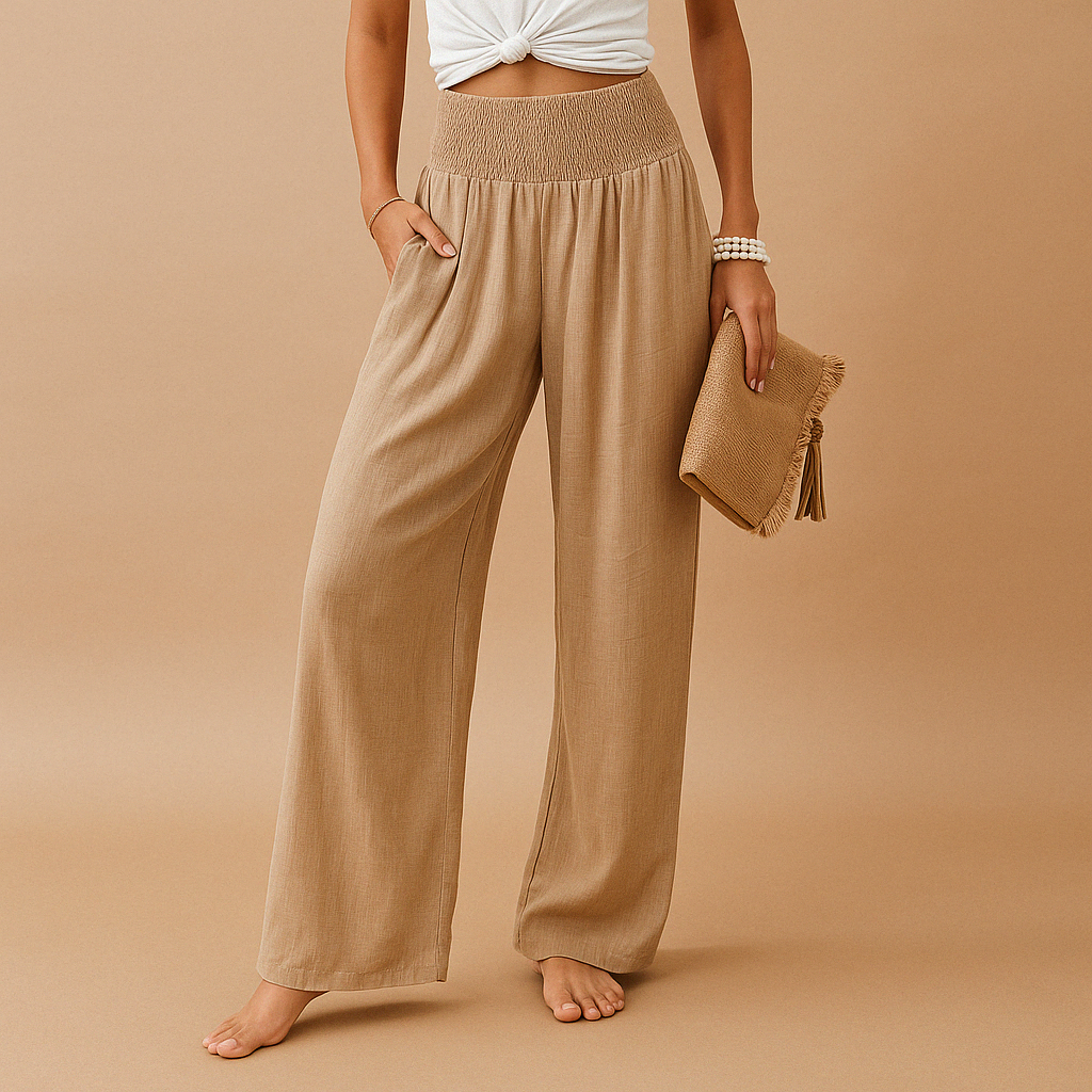 Damen Sommerhose mit weitem Bein: Leichte, atmungsaktive Stoffhose für Damen mit elastischem Bund, ideal für den Sommer.