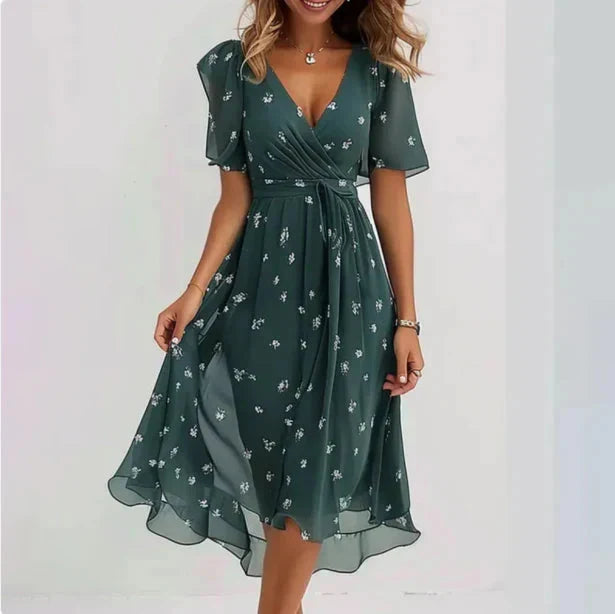 Rosa Damen Blumen Midi-Sommerkleid mit V-Ausschnitt und Schmetterlingsärmeln, elegant und luftig.