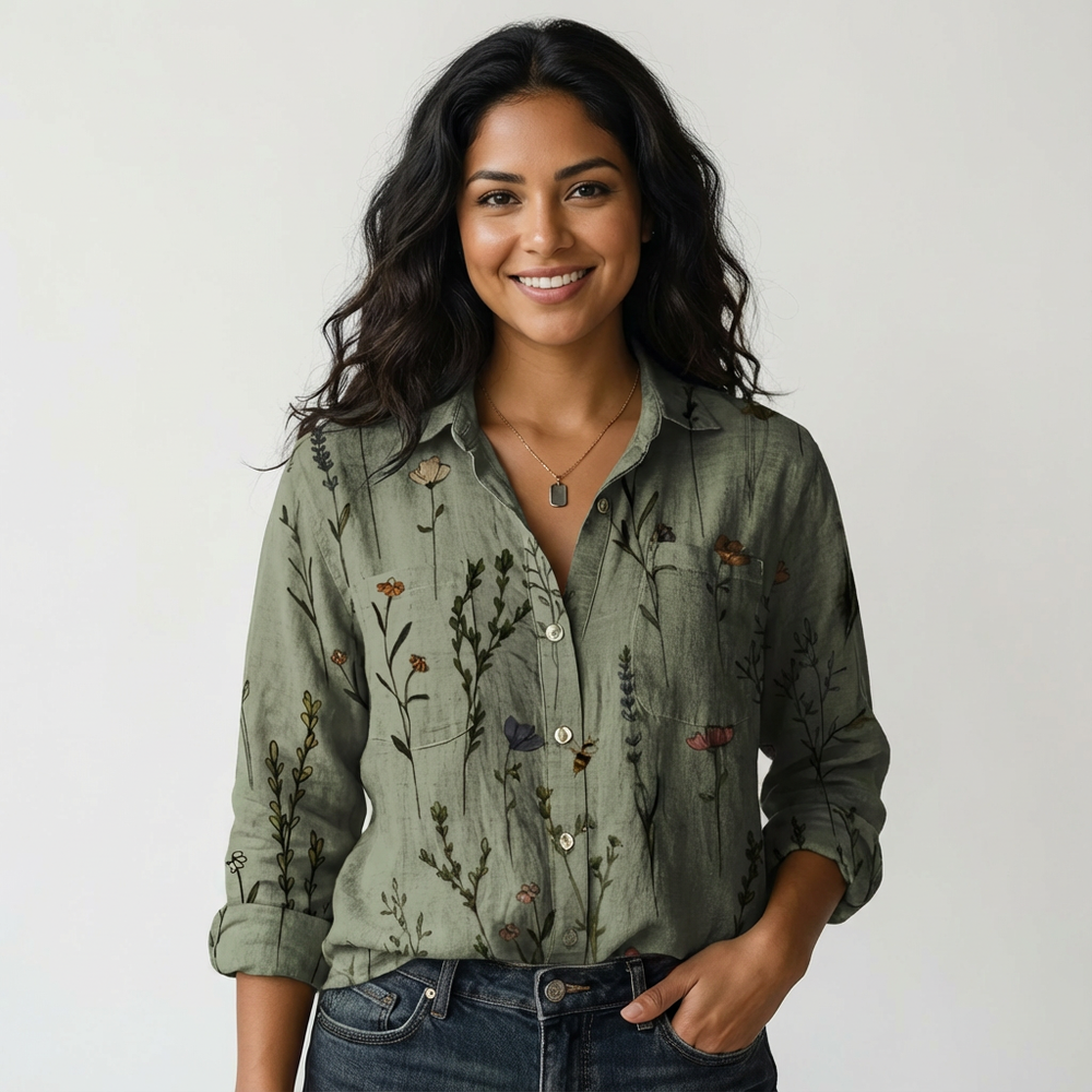 Lockere Damen Kurzarmbluse mit elegantem Botanischem Print. Perfektes, leichtes Sommerhemd für Freizeit & Urlaub.