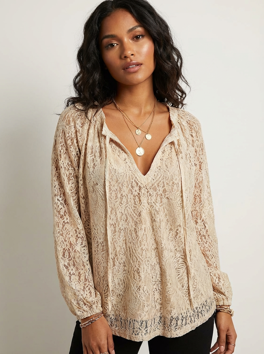 Elegante Damen Boho-Spitzenbluse in lockerem Schnitt, ideal für Sommer & Freizeit.