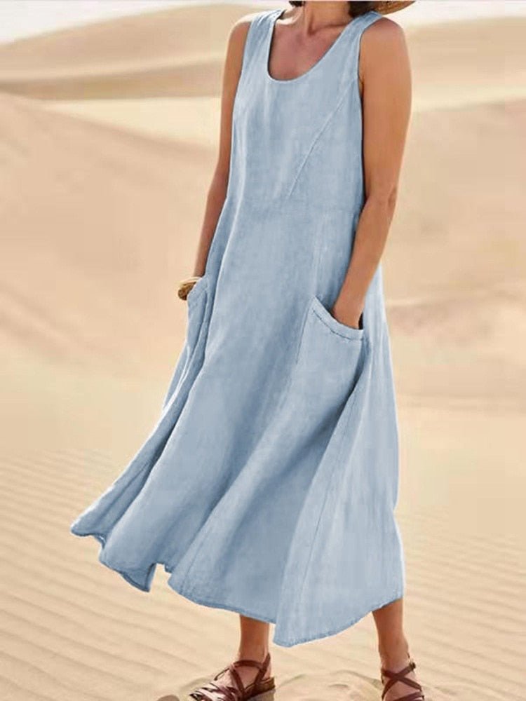 Elegantes Freizeitkleid für Damen, ärmellos & lang, mit bequemem Rundhals und seitlichen Taschen.