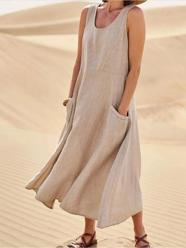 Damen Maxikleid ärmellos, entspannt geschnitten, mit praktischen Taschen. Perfekt für Freizeit & Sommer.