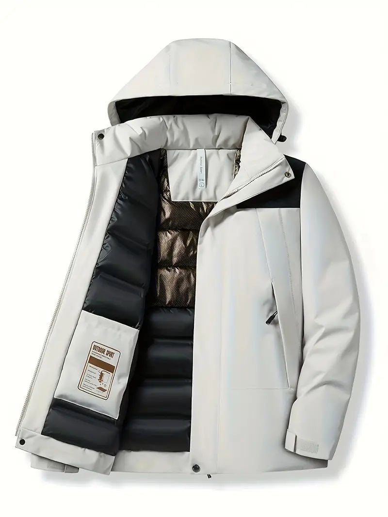 Stylische Damen Winterjacke mit Kapuze in Kontrastfarben, thermisch & winddicht für Outdoor-Aktivitäten.