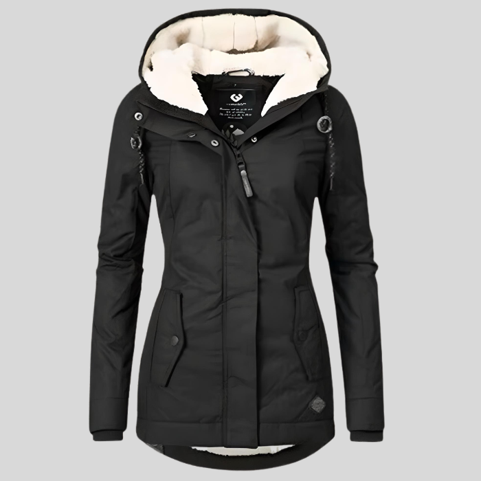Damen Wintermantel lang, warm & wasserdicht mit Kapuze; ideal für Kälte & Regen.
