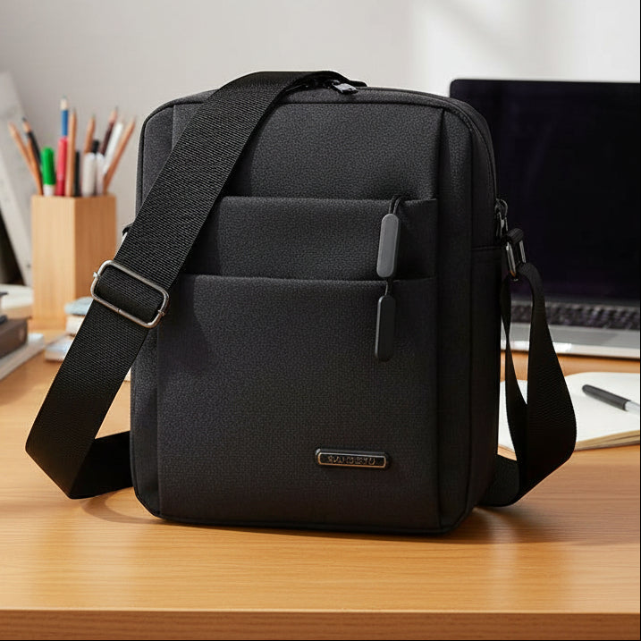 Blaue Herren Schultertasche mit vielen Fächern für optimale Organisation unterwegs. Perfekt für den modernen Mann.