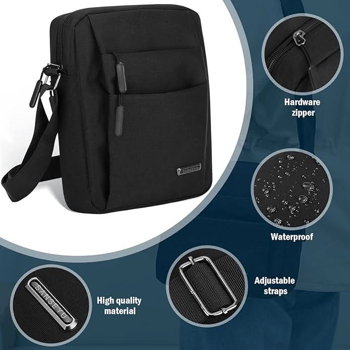 Organisierte Herren Umhängetasche für Tablet & Smartphone. Wasserabweisende Schultertasche in Grau für Business.