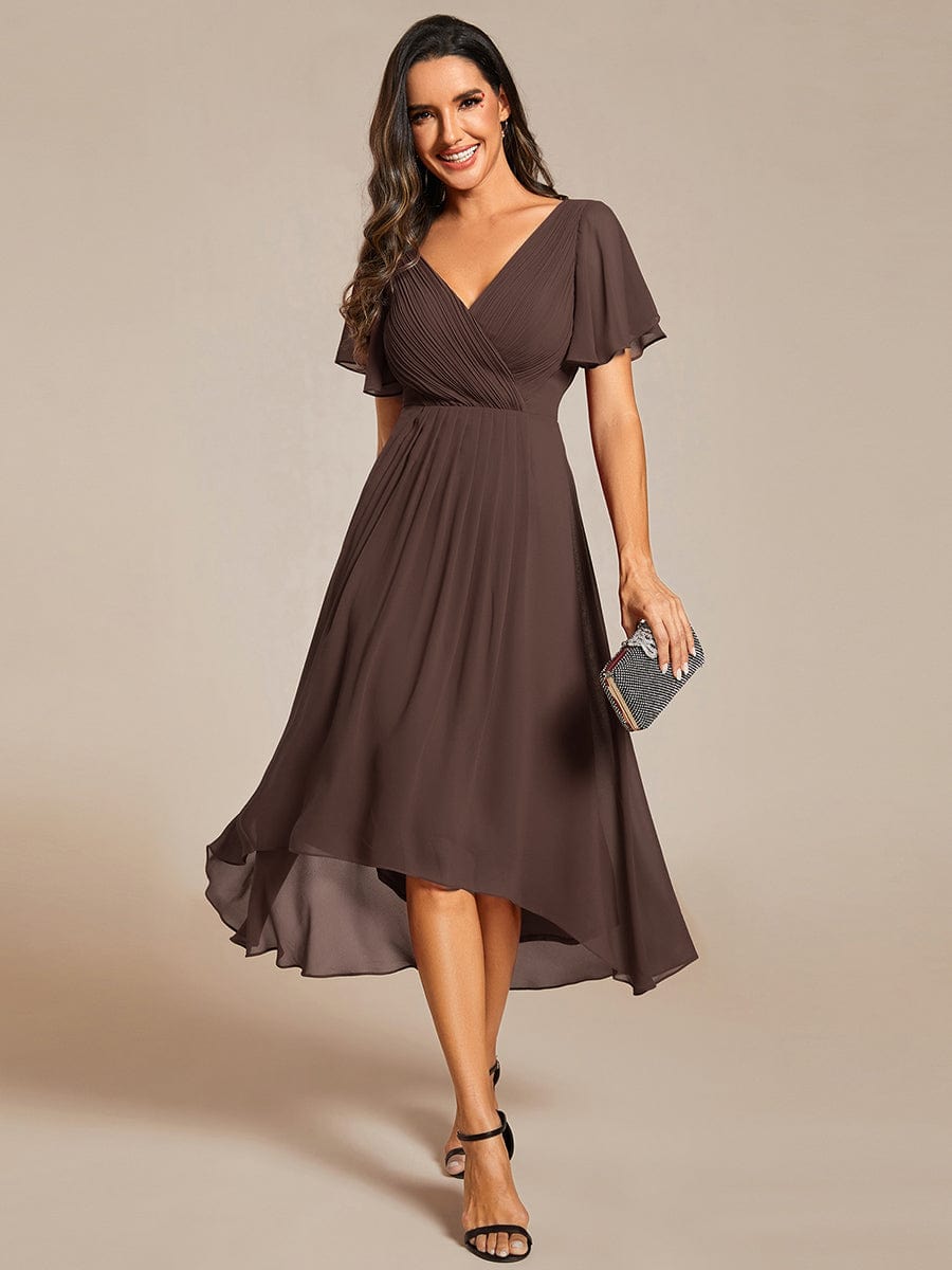 Elegantes Vokuhila Damenkleid, Kurzarm, Midi-Länge, für Hochzeiten & Bälle.