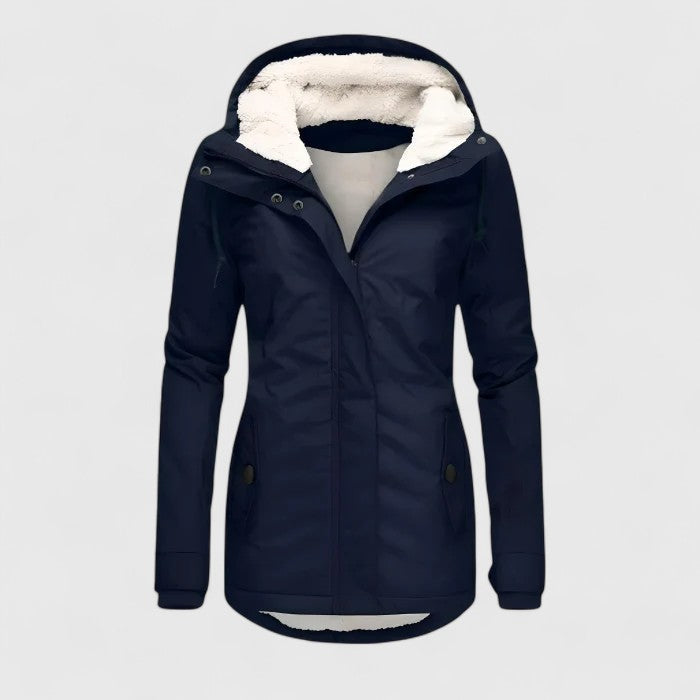 Damen wasserdichte Winterjacke mit Kapuze, lang, warm & stylisch für Outdoor und Freizeit.