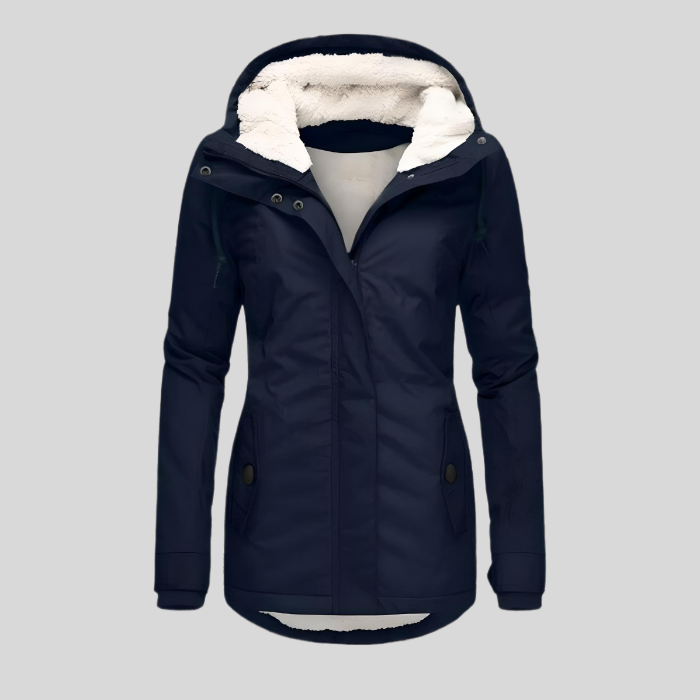 Praktischer Damen Outdoormantel lang, warm & wasserdicht mit Kapuze; ideal für Reisen im Winter.