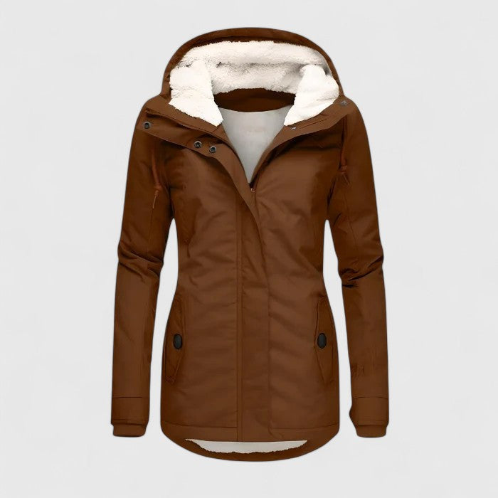 Wasserdichte Damen Regenjacke, lange Winterjacke mit Kapuze, schützt zuverlässig vor Nässe und Kälte.
