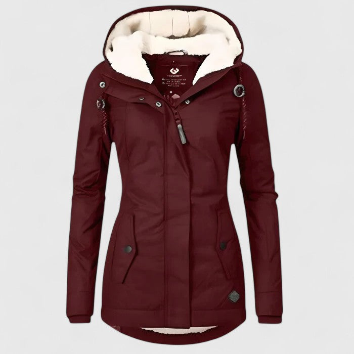 Stylische, lange Damen Winterjacke mit Kapuze, wasserdicht, modische Outdoormode für Frauen.