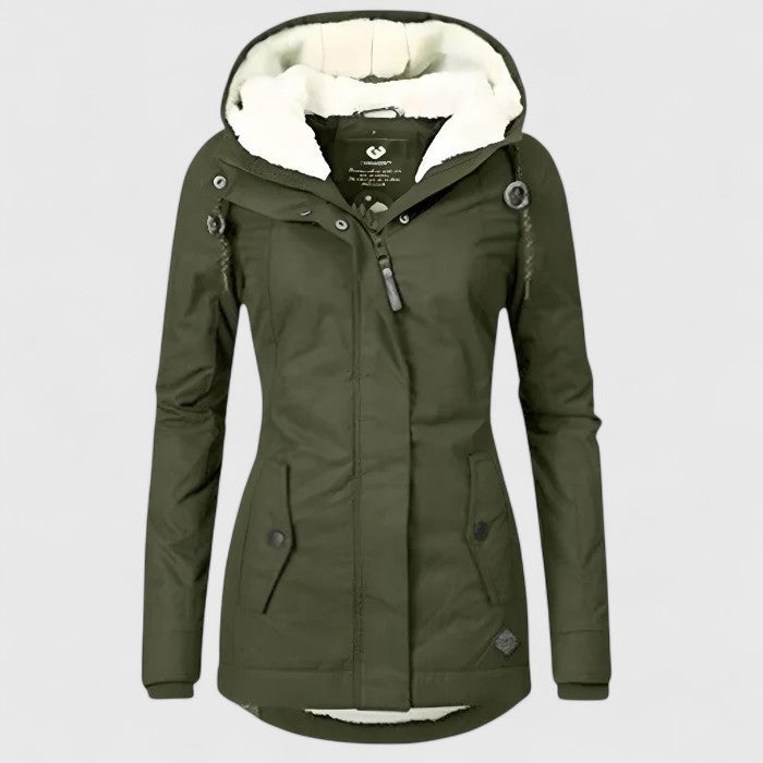 Funktionale, wasserdichte Damen Winter Kapuzenjacke, warm & robust, mit praktischen Details für draußen.