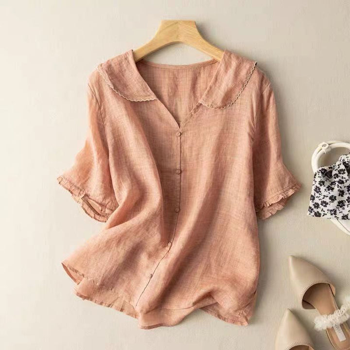 Modische Damen Kurzarm-Bluse mit einzigartigem Wellenkragen, bequem & vielseitig für Frühling, Freizeit oder Büro.