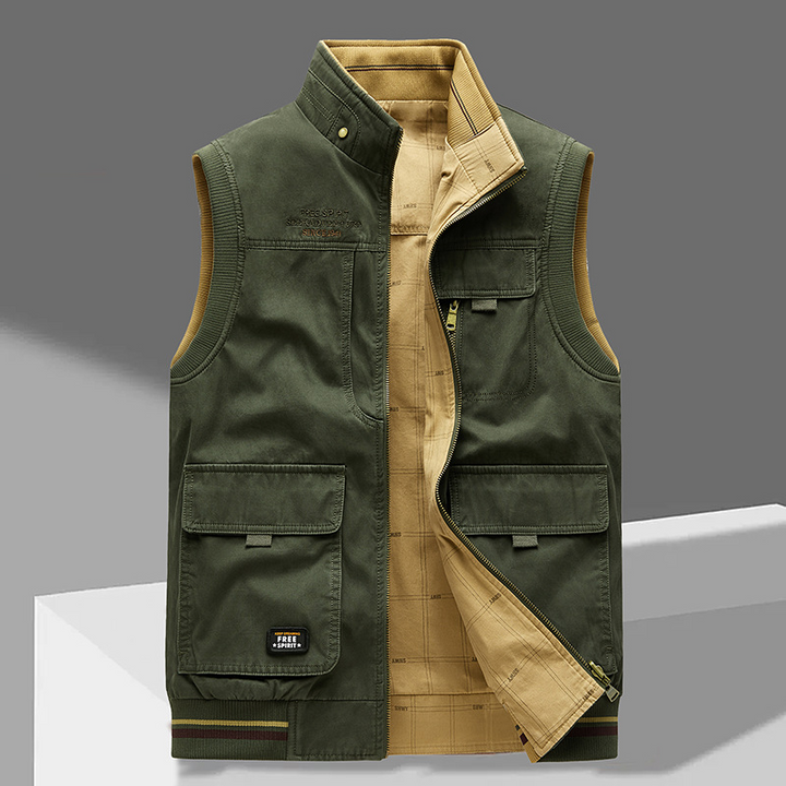 Ärmellose Herren Arbeitsweste mit robustem Material, sicherem Verschluss & praktischen Taschen für Werkzeuge.