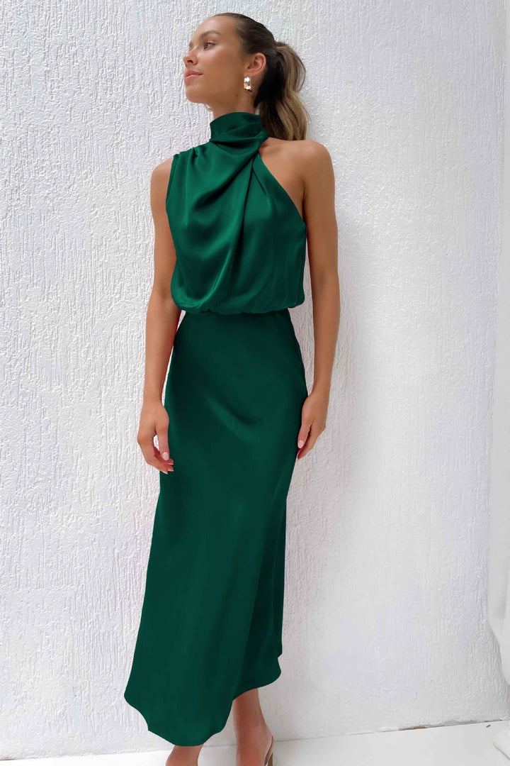 Edles Halterneck Maxikleid, Damen Abendkleid, fließend und festlich für Hochzeitsgäste und Feiern.