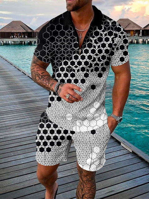 Modernes Männer Sommer Set: Kurzarm T-Shirt und leichte Shorts, perfekt für den Strand.