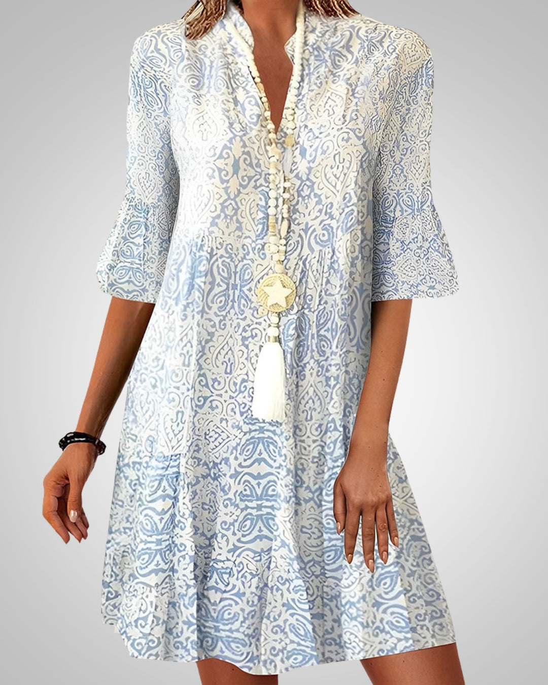 Damen Boho Sommerkleid blau mit V-Ausschnitt und Ornament-Print, leichtes A-Linien-Kleid für Freizeit