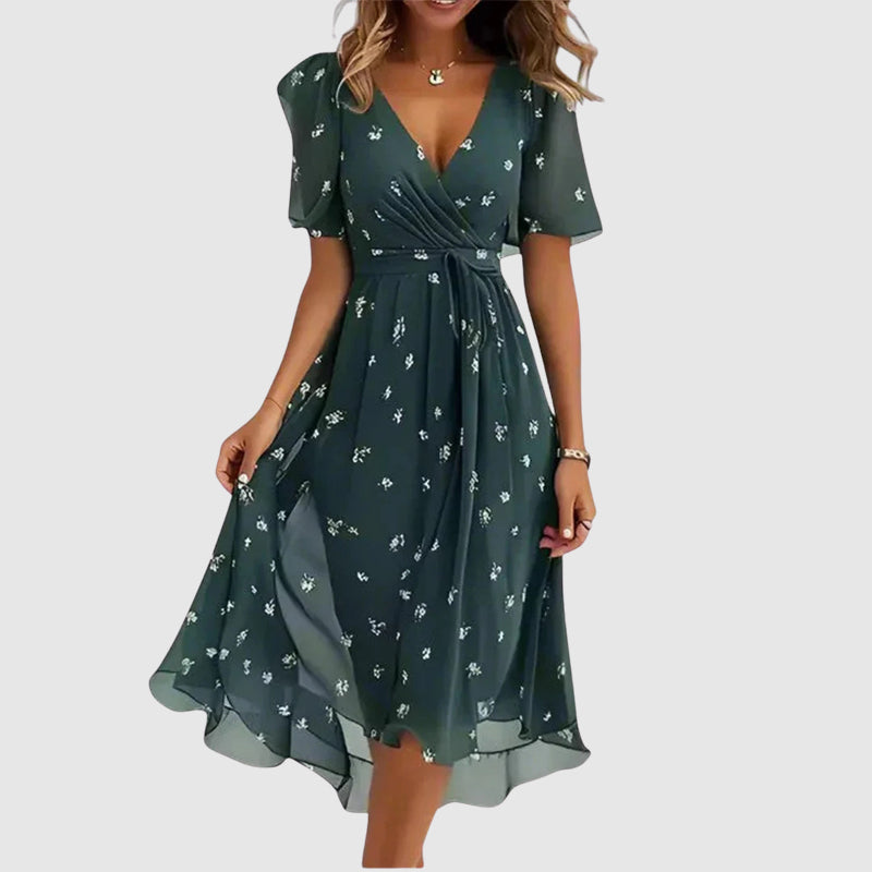 Damen Slim Fit Midikleid mit floralem Muster, V-Ausschnitt & Kurzarm. Leichtes Sommerkleid für Freizeit.