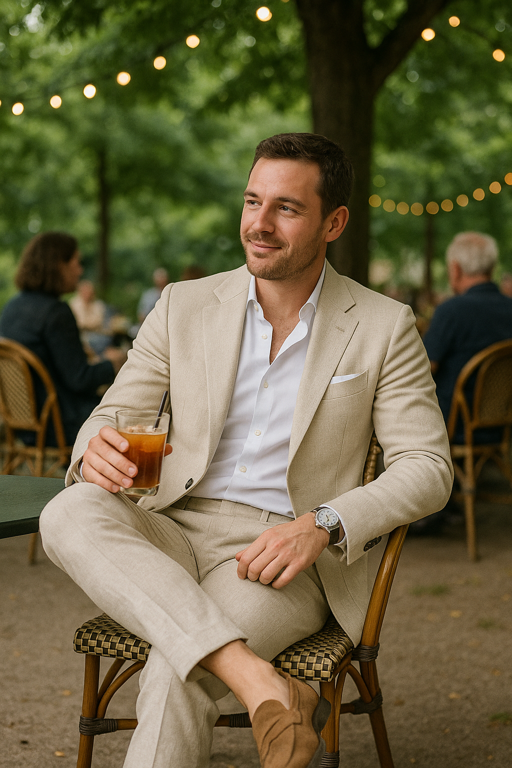 Eleganter beiger Herrenanzug im Slim Fit, perfekter Business-Zweiteiler für besondere Anlässe.