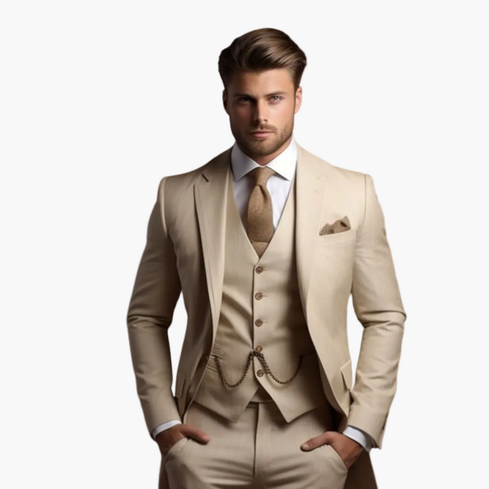 Eleganter Herren Dreiteiler Anzug aus hochwertigem Stoff, klassisch geschnitten, ideal für Business & Feierlichkeiten.