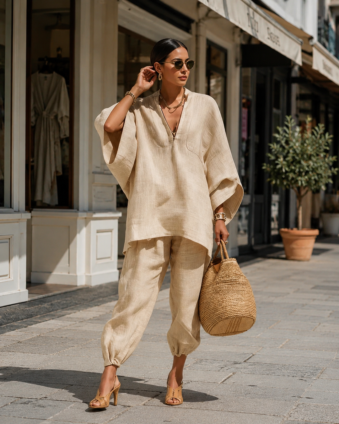 Locker fallendes Damen Zweiteiler Sommer Outfit, Maxi-Stil, mit weichen Stoffen und bequemem Gummibund.