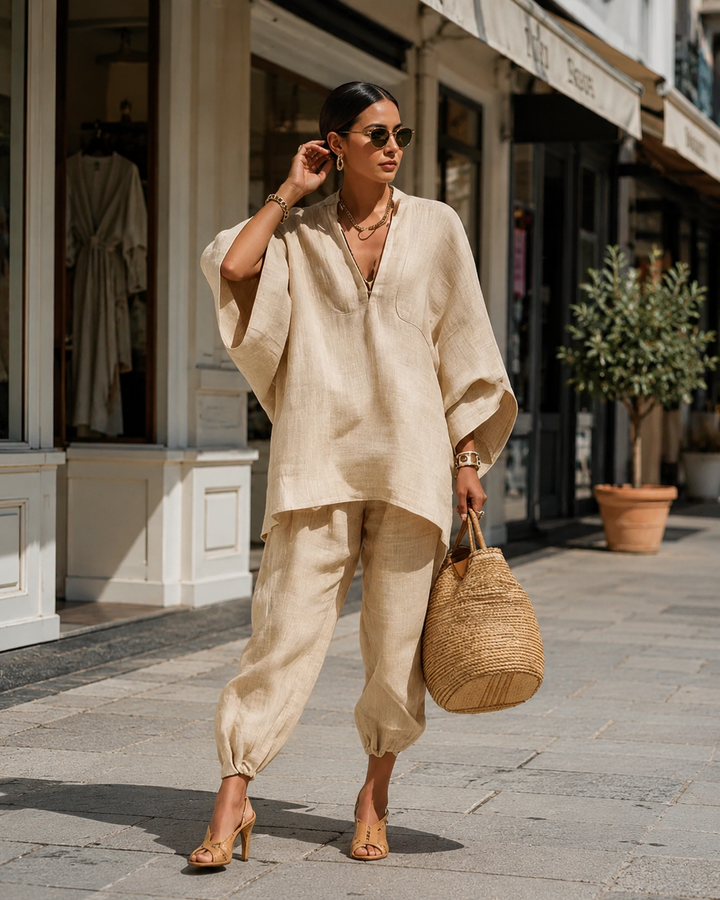 Locker fallendes Damen Zweiteiler Sommer Outfit, Maxi-Stil, mit weichen Stoffen und bequemem Gummibund.