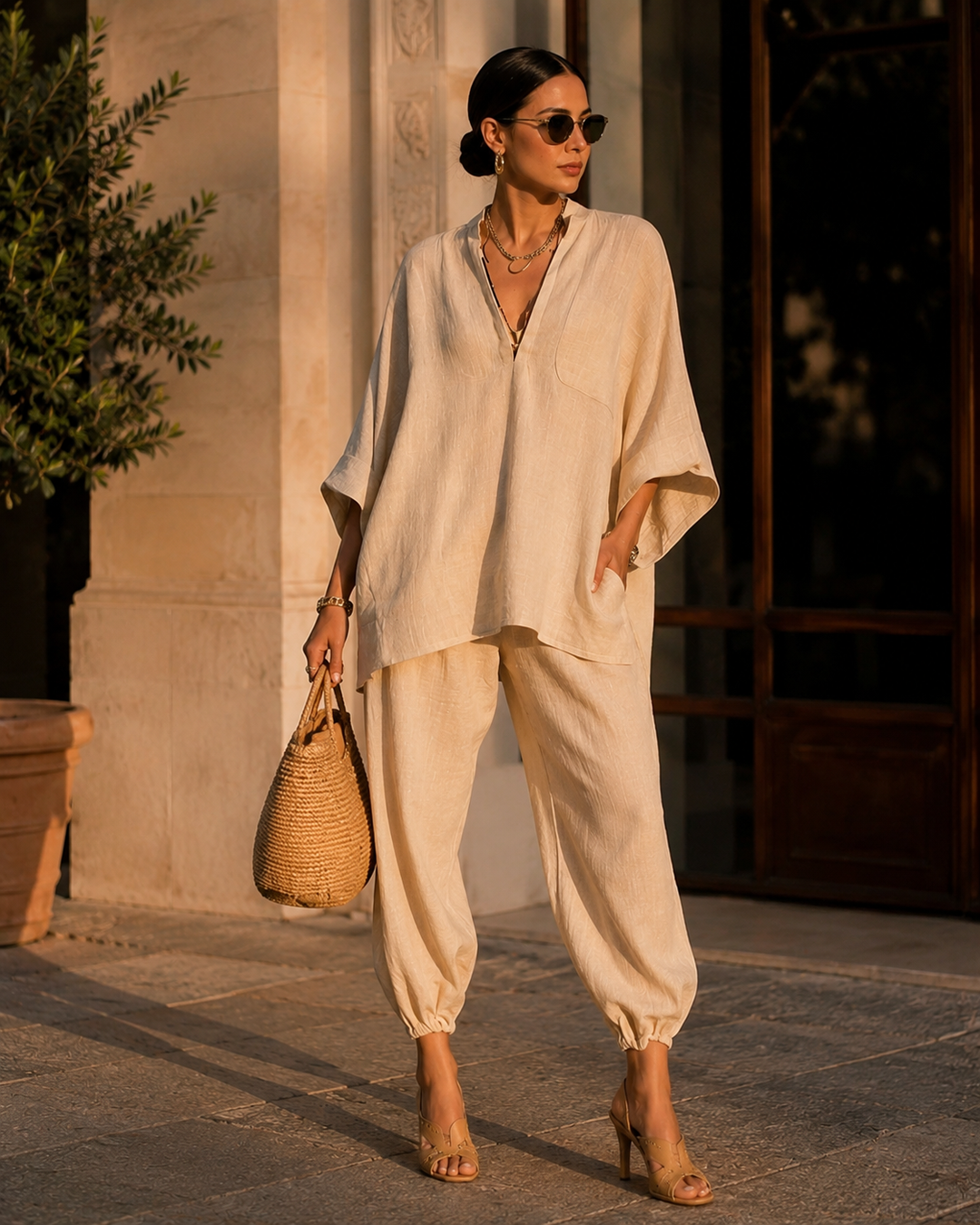 Rotes Damen Loungewear Maxi Zweiteiler Set, elegant und komfortabel, mit weiten Ärmeln und elastischer Hose.