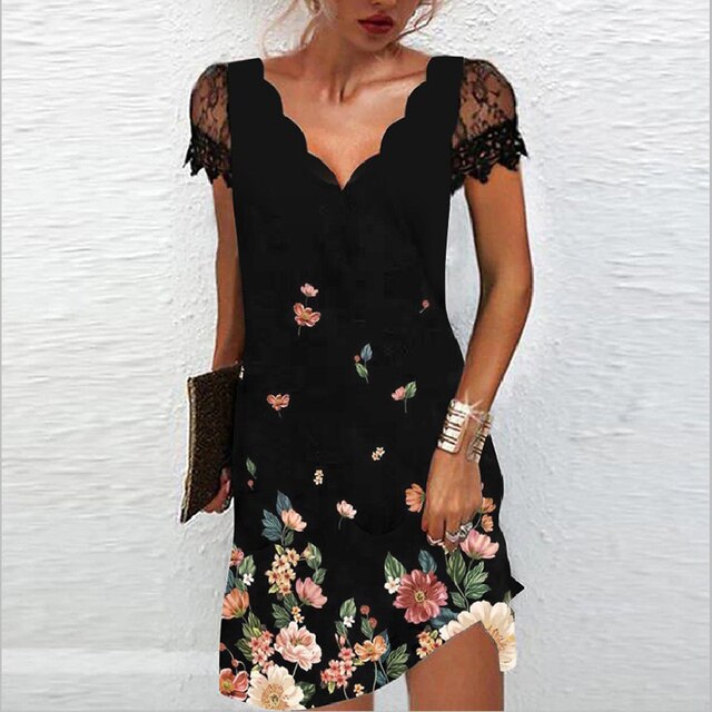 Modernes kurzärmliges Damen Sommerkleid in Midi-Länge, perfekt für Frühling & Sommer. Elegant & atmungsaktiv.