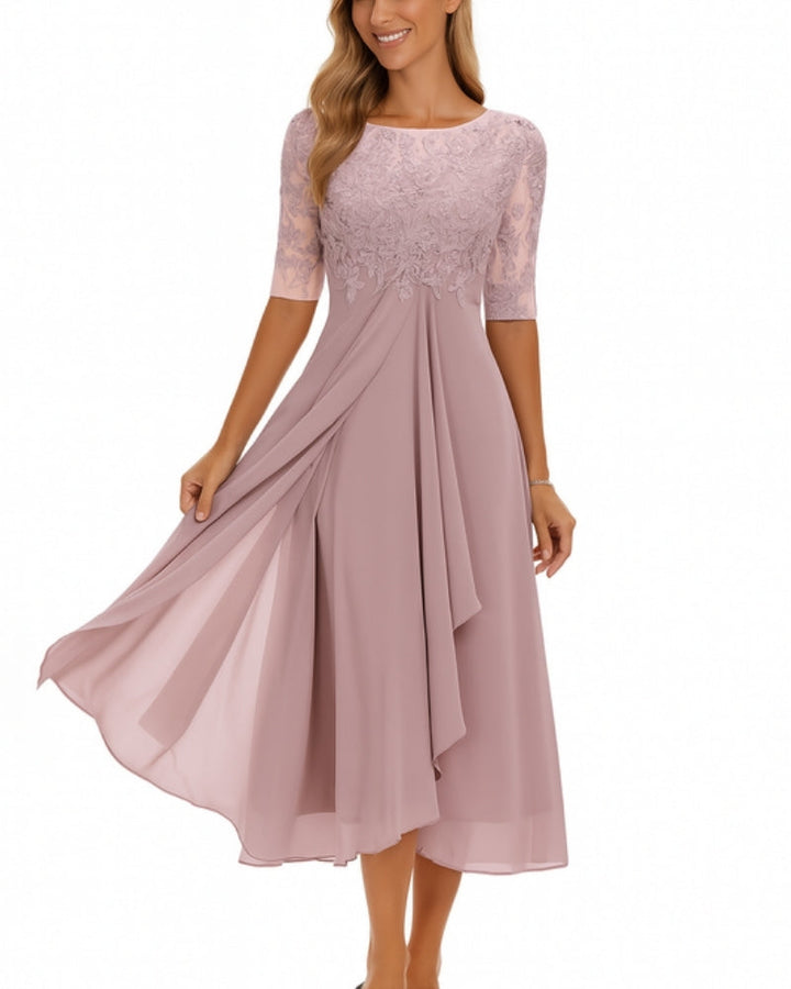 Festliches Damenkleid mit Halbarm & Midi-Länge, perfekt für Party, Frühling/Sommer. Rückenreißverschluss.