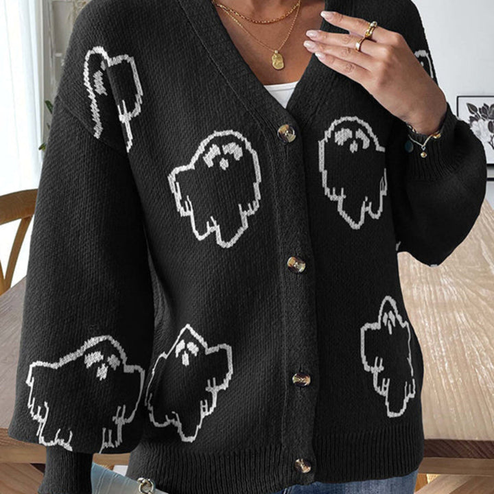 Ausgebreiteter Damen Halloween Strickcardigan mit V-Ausschnitt und Geistermuster.