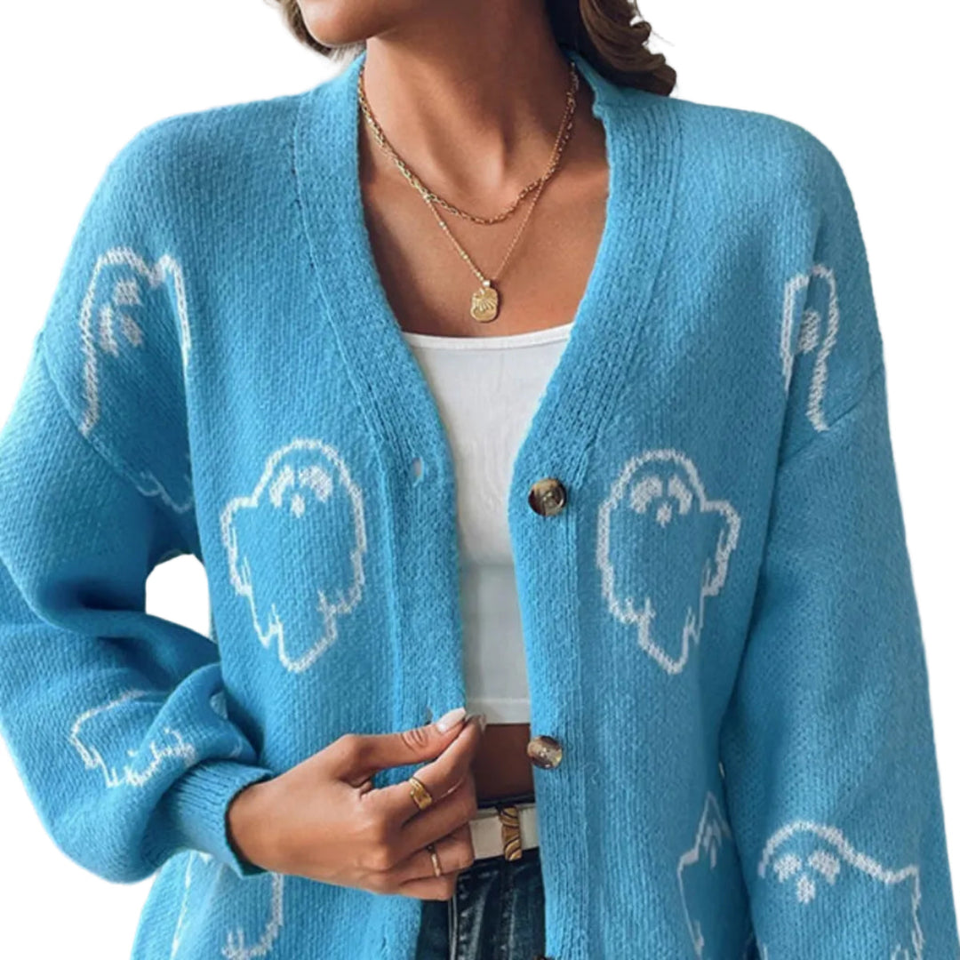 Damen Halloween Strickcardigan mit stilvollem Geistermuster. Perfekt für Herbstmode.