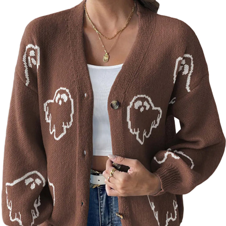 Eleganter Damencardigan mit Geistern, Knopfleiste und V-Ausschnitt für stilvolle Layering-Looks.