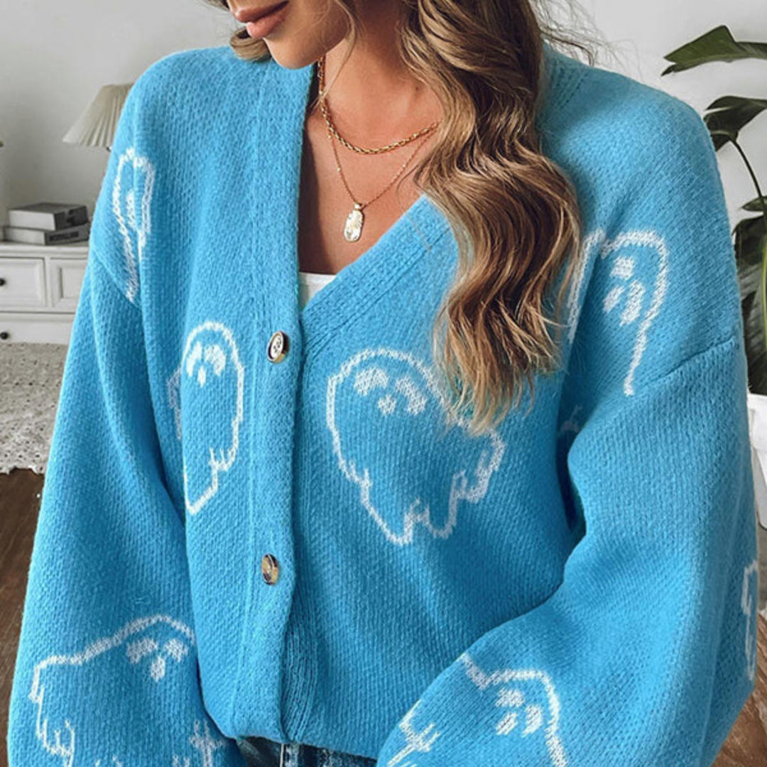 Saisonaler Damen Cardigan mit Geistermuster, perfekt für Freizeit und Herbsttage.