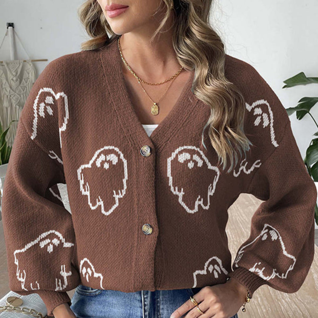 Warmer Damen Langarmcardigan für Herbst und Halloween. Bequem und modisch mit Geistermuster.