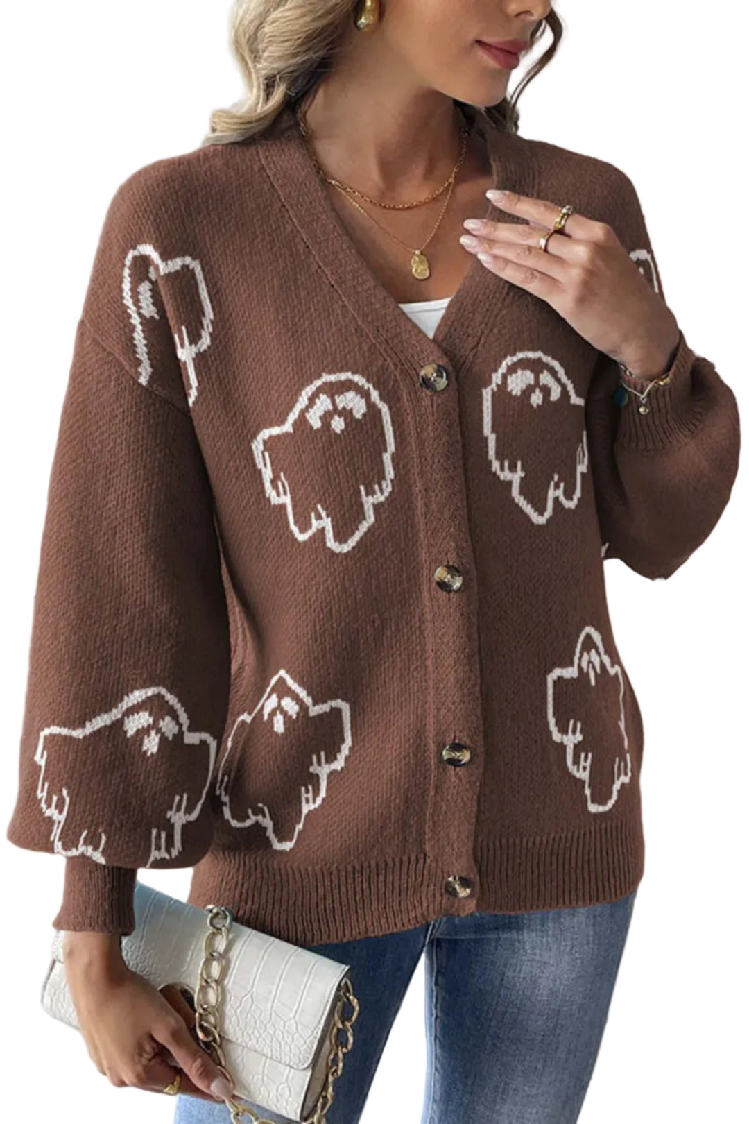 Rückenansicht des Damen Halloween Strickcardigans. Das Geistermuster ist klar sichtbar.