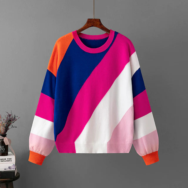 Stylischer Unisex Pullover mit Farbblock-Streifen, perfekt für Herbst & Winter. Modernes, lässiges Design.
