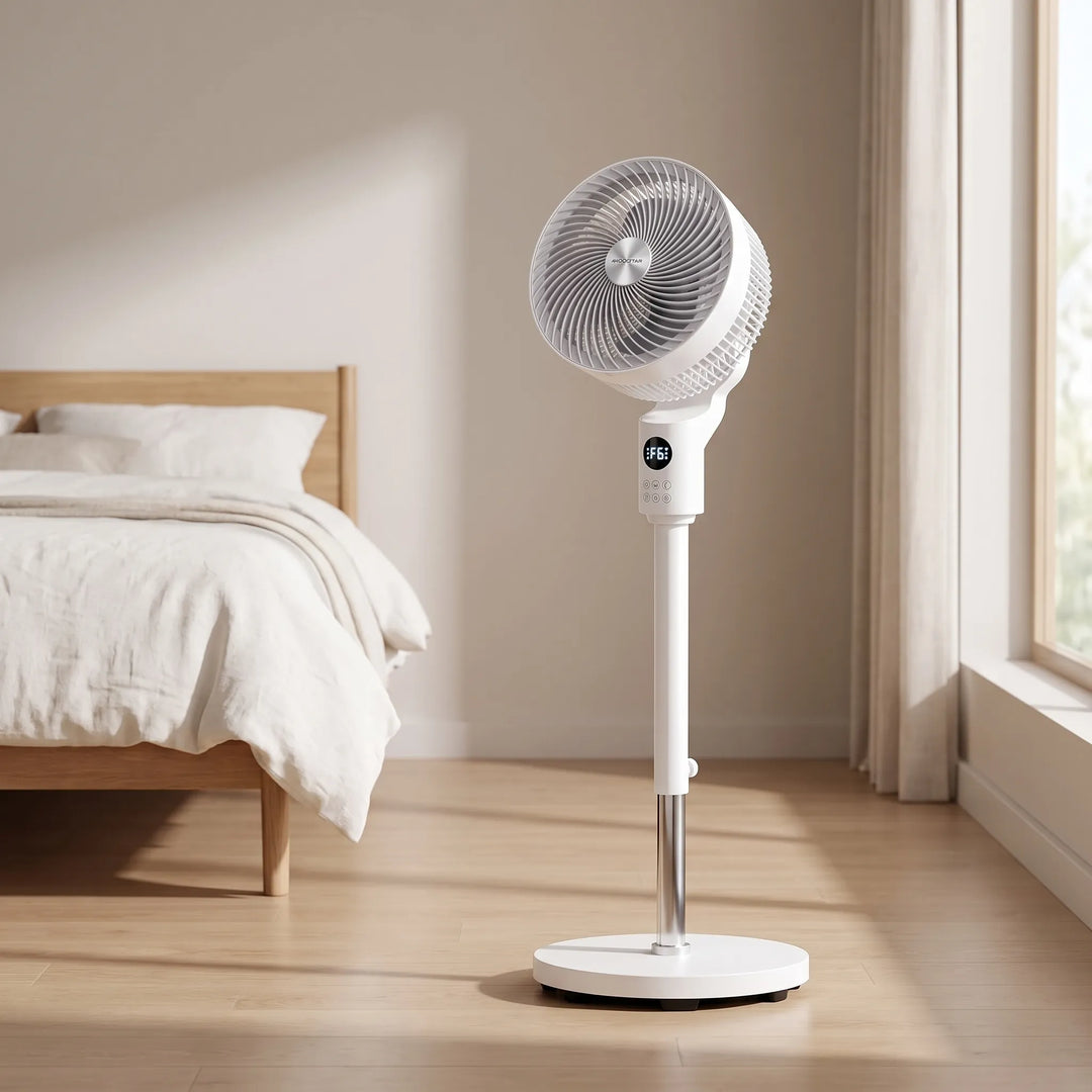 Moderner Standventilator in Schwarz für effektive Raumkühlung. Ideal für angenehmes Raumklima im Sommer.